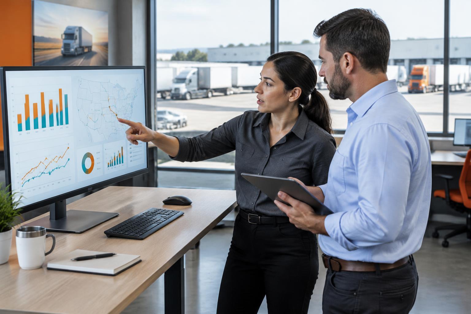Fleet analysts reviewing operational charts and route data