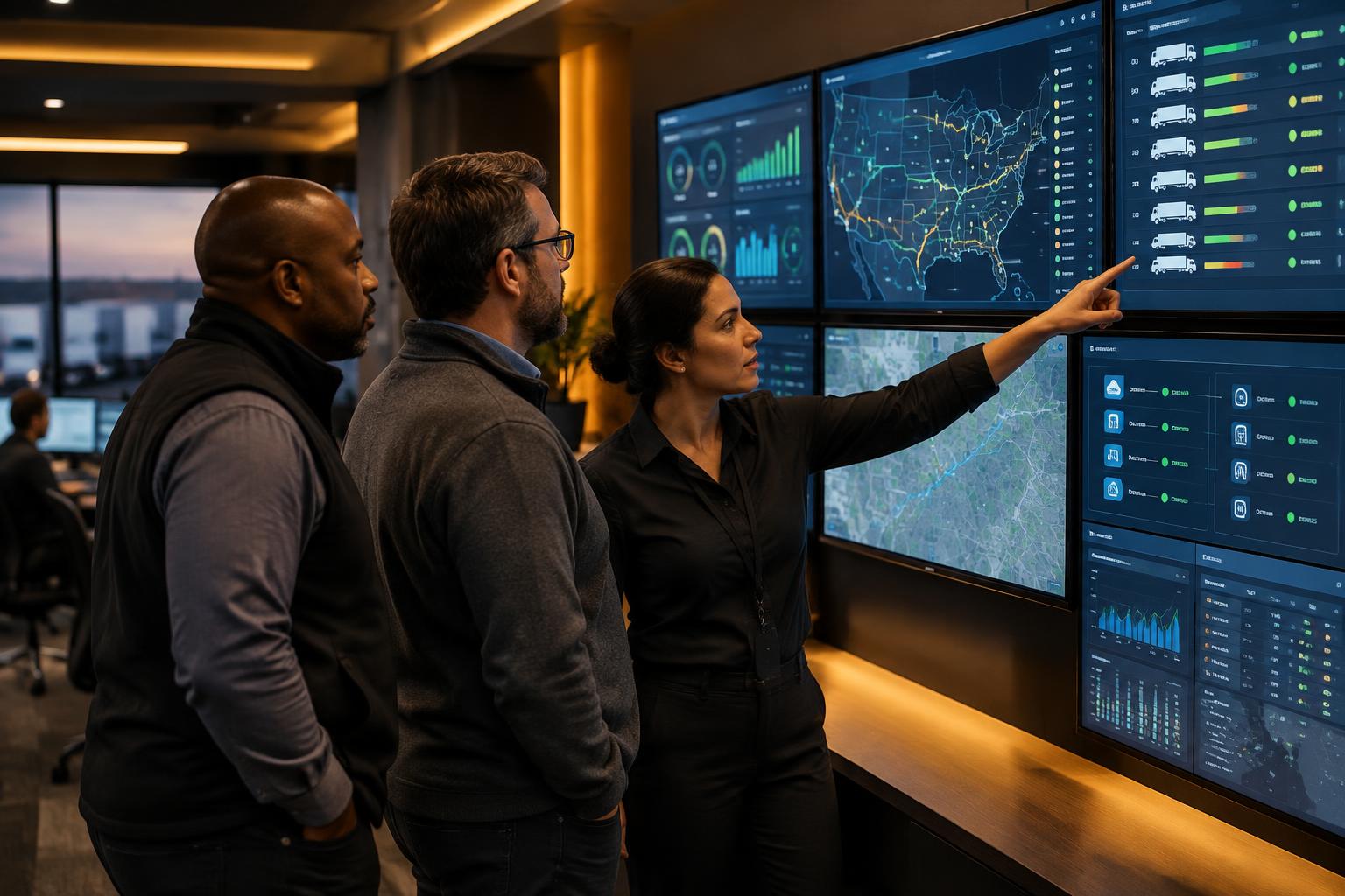 Trucking team reviewing fleet systems on a wall of screens in a control room