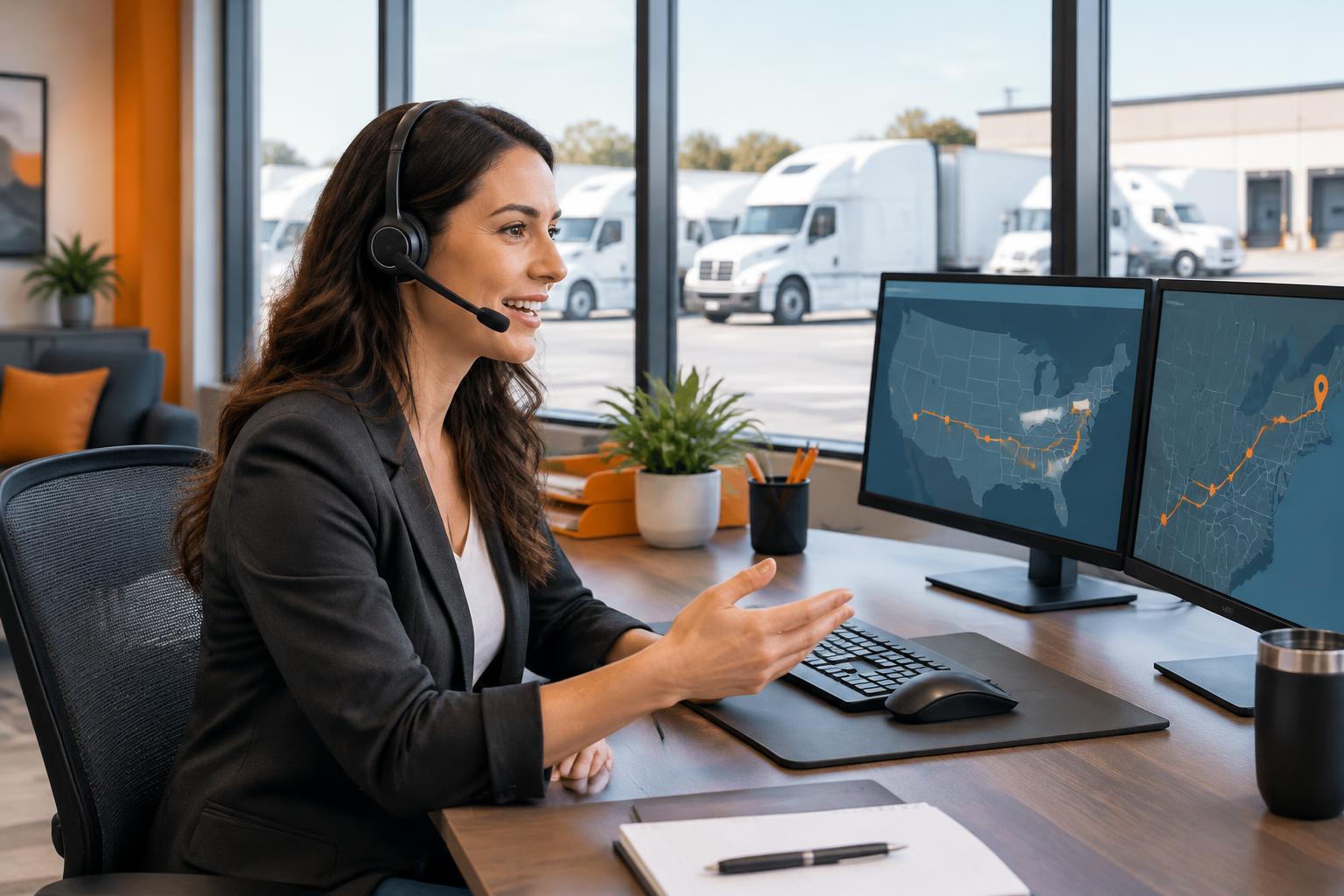 Freight customer service representative helping a customer with delivery tracking