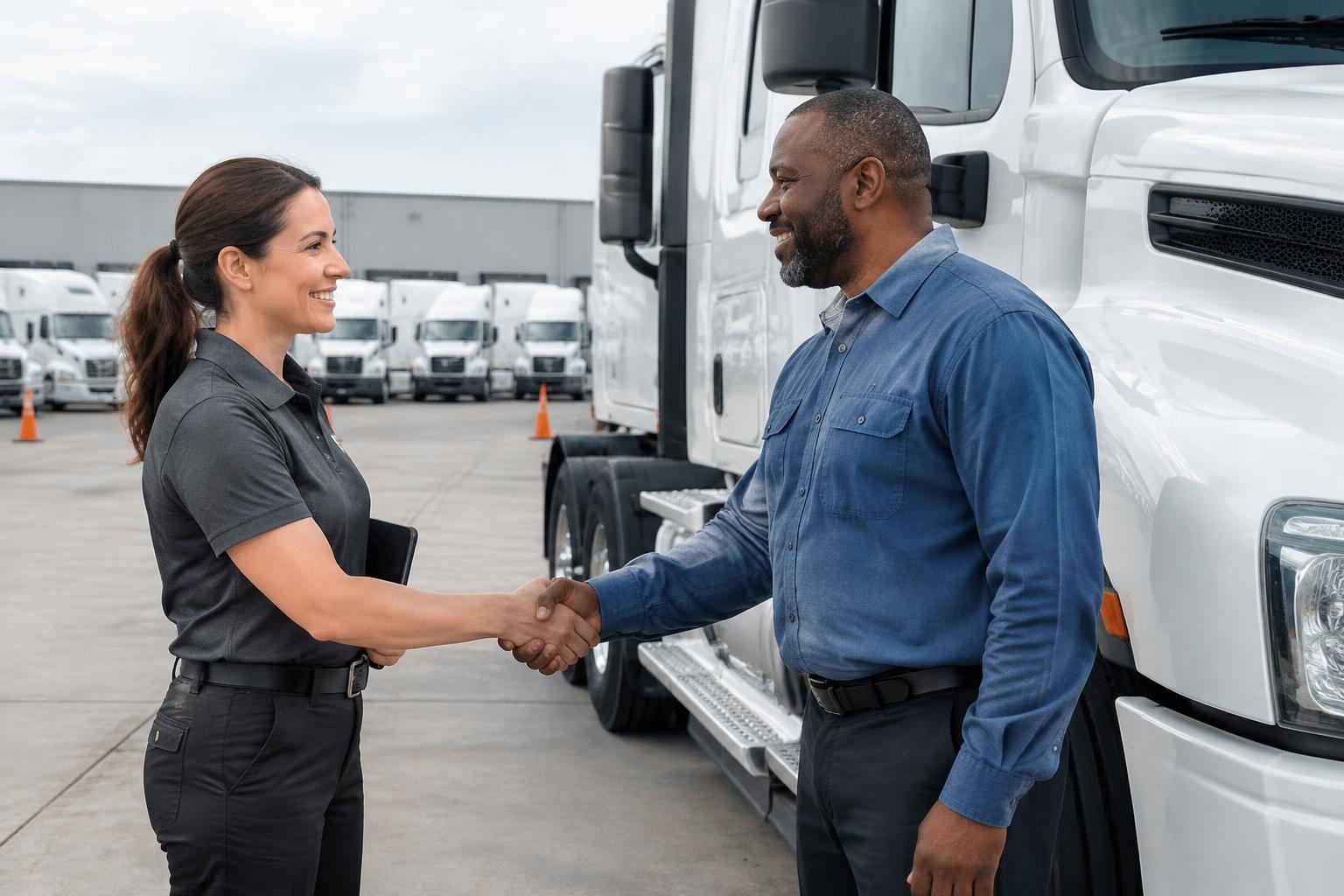 Recruiter greeting a commercial truck driver at a fleet terminal